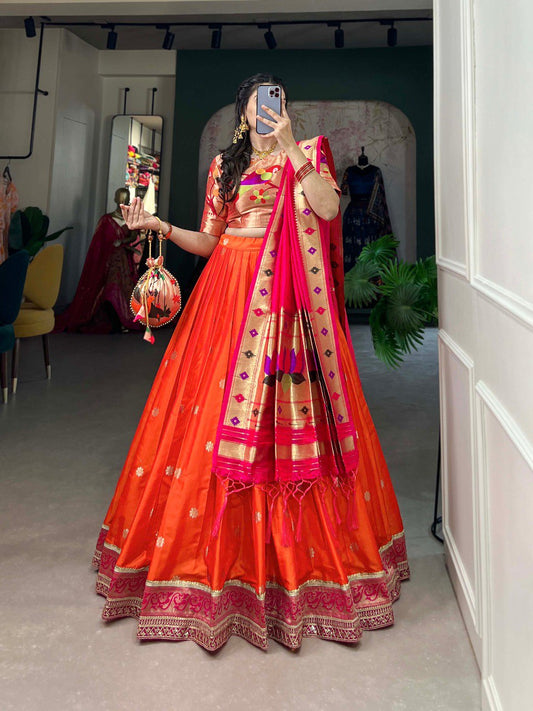 Orange Color Jacquard Paithani silk Lehenga Choli