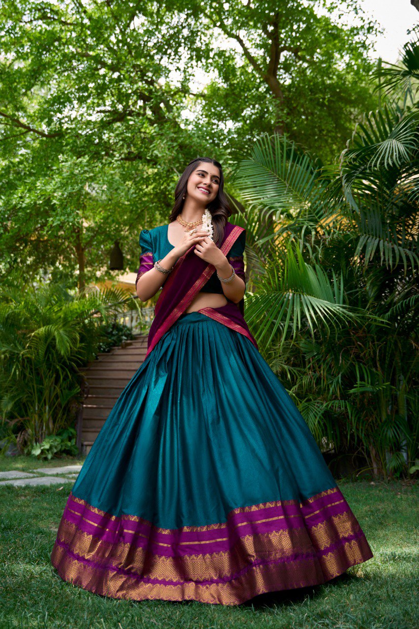 Teal Printed Cotton Zari Weaving Work Lehenga Set