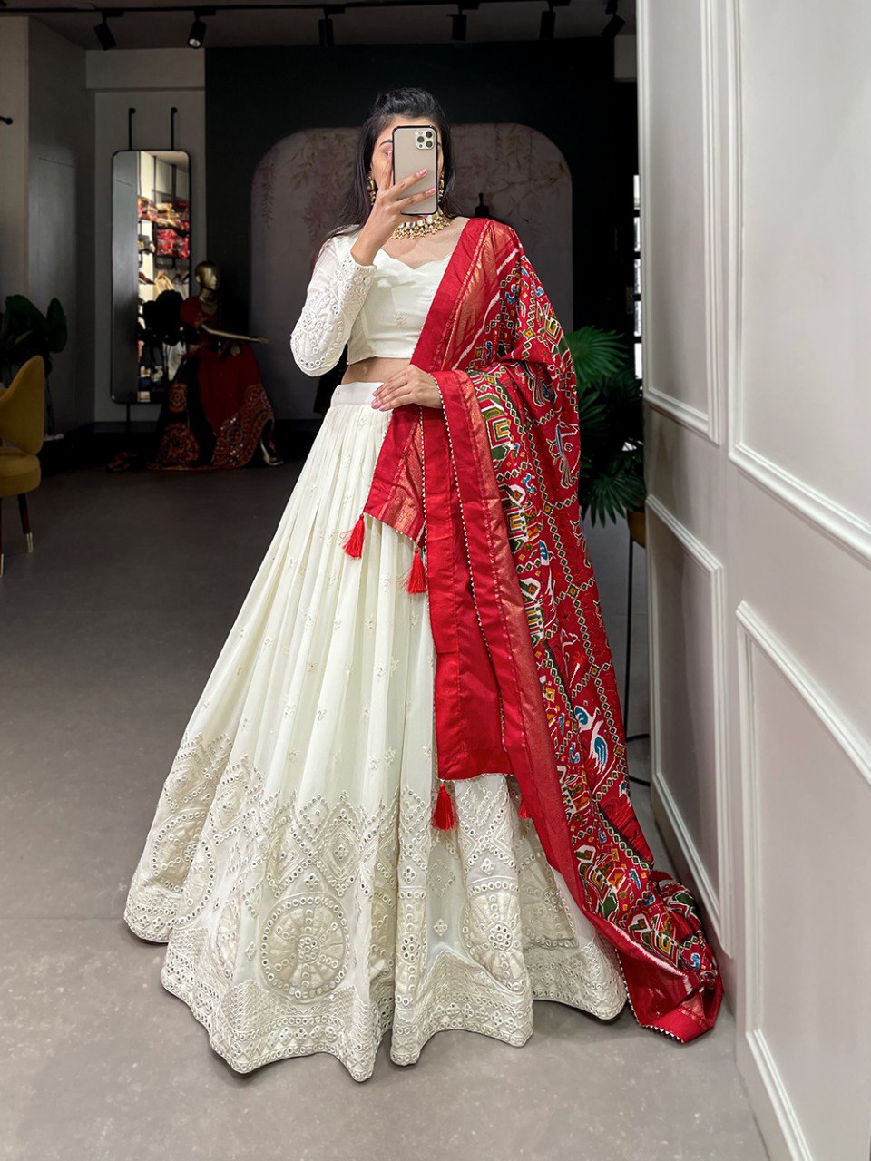 White Color Lucknowi Paper Mirror Work Georgette lehenga Choli