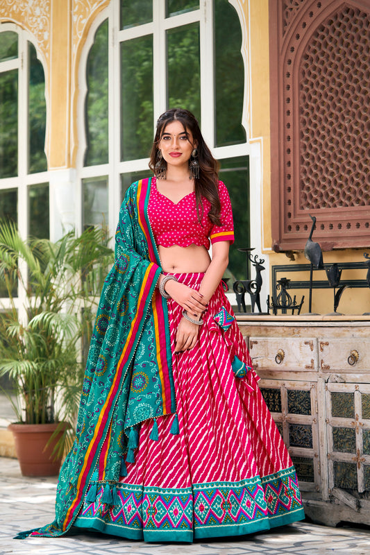 Pink Tussar Silk Lehenga Choli with Leheriya Print, Patola Border & Bandhani Dupatta