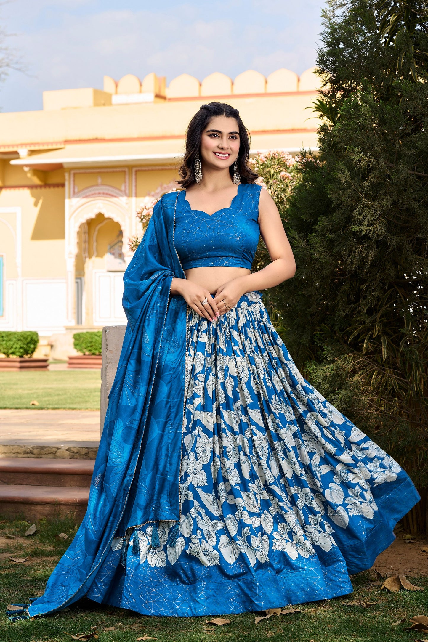 Royal Blue Floral Foil Print Tussar Silk Lehenga Choli Set