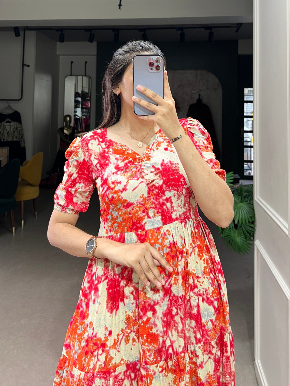 Orange Floral Print Sweetheart Midi Dress with Puff Sleeves