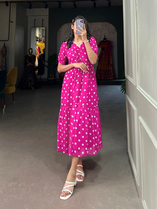 Vintage Polta Dot Print Pink Georgette Midi Dress