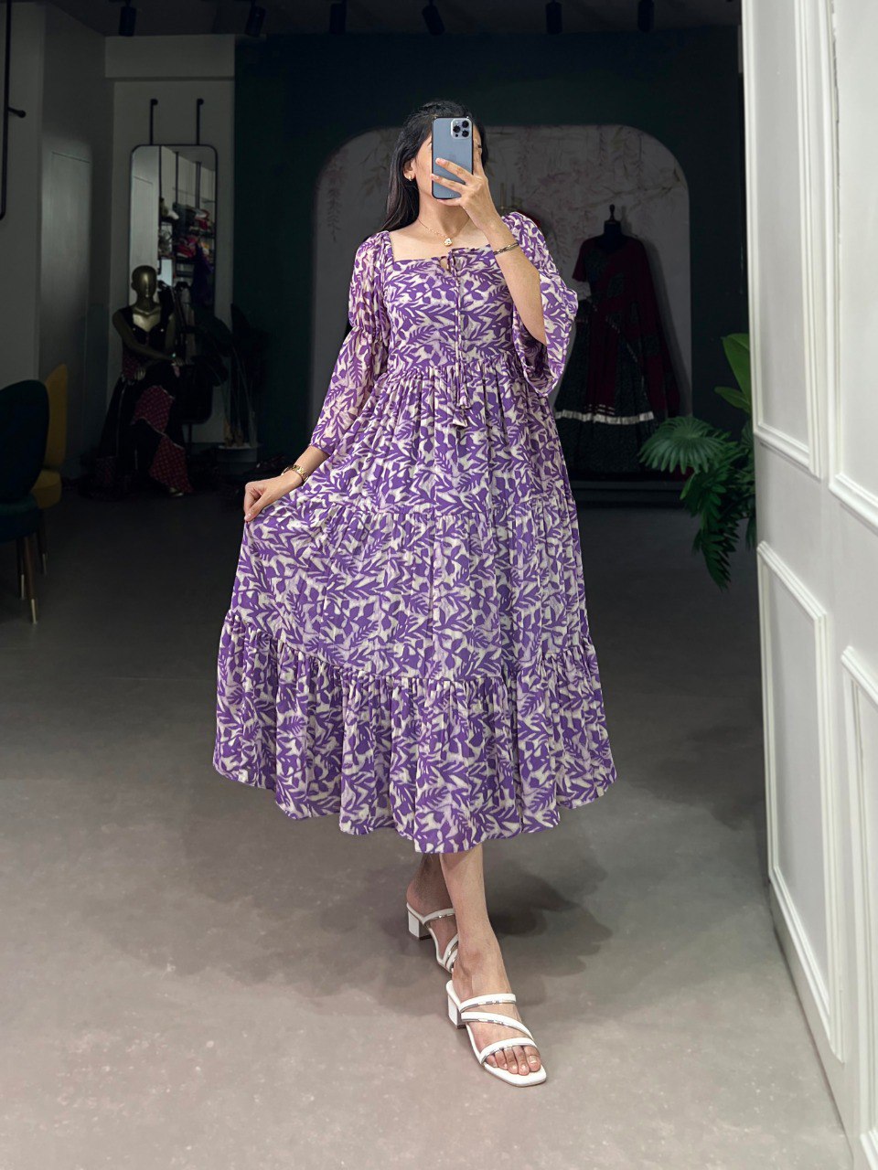 Leaf Print Tiered Boho Lavender Midi Dress with Bell Sleeves