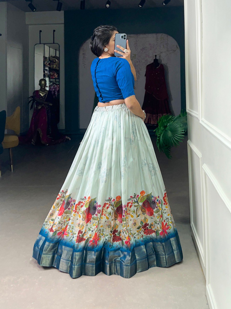 Elegance Blue Cotton Silk Ready to Wear Crop Top And Party Lehenga