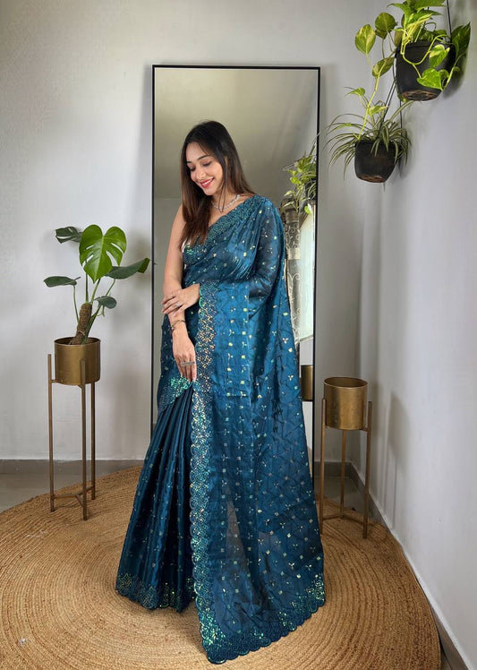 Women's Soft Geemichu Silk Teal Blue Ethnic Saree With Un stich Blouse Piece