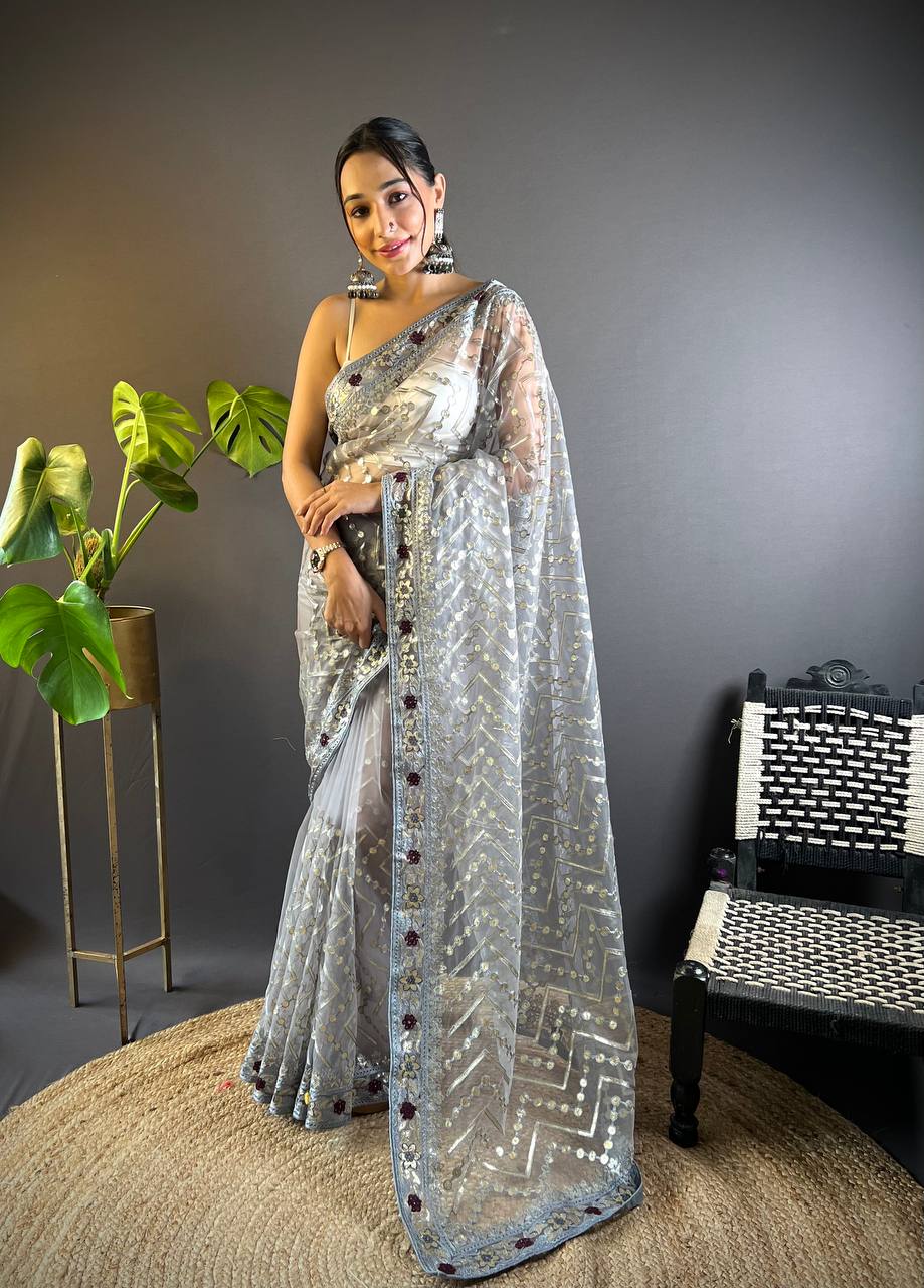 Grey Net Embellished Saree With Unstitched Blouse