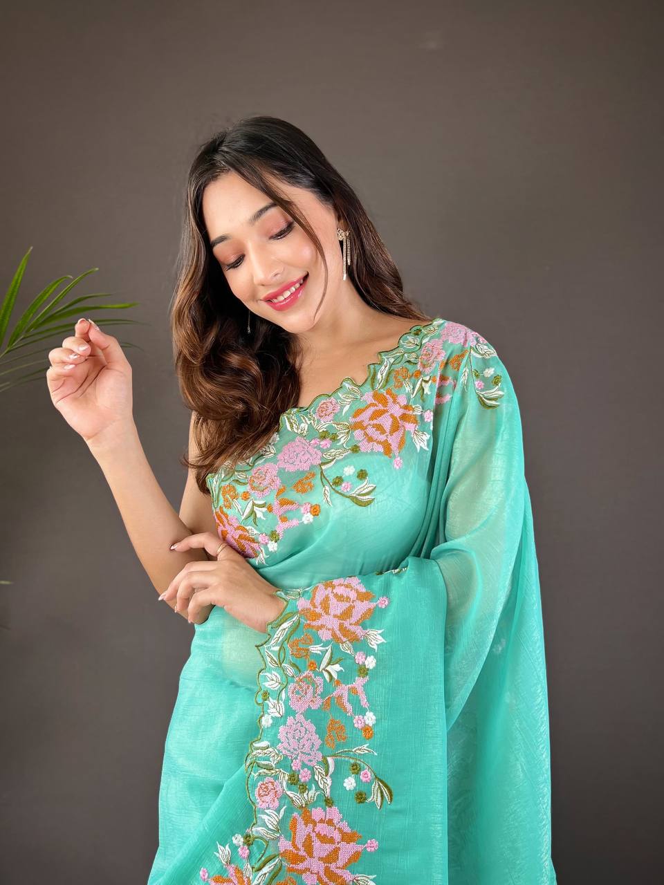 Designer Cross Stitch Floral Embroidery Cut Work Border Sky Blue Glossy Silk Saree With Blouse