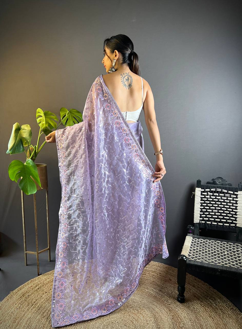 Lavender Tissue Silk Embellished Saree With Unstitched Blouse