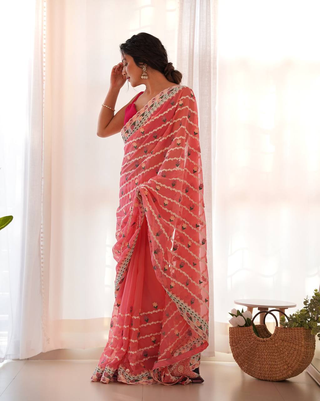 Pink Emroidery Worked Organza Silk Saree