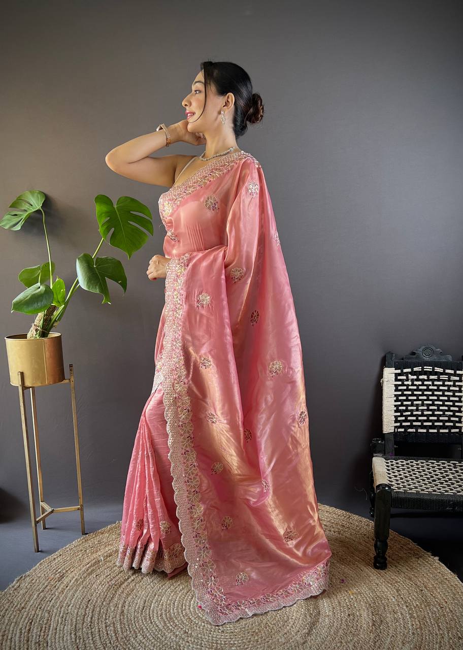 Light Pink Embroidered Work Soft Silk Saree