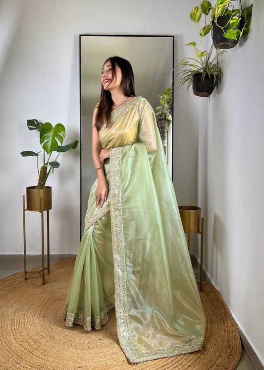 Women's Silver Tissue Silk Solid Pista Saree & Un Stich Blouse