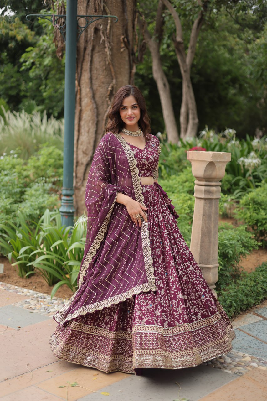 Beautiful Wine Sequins Jacquard Wedding Wear Lehenga Choli