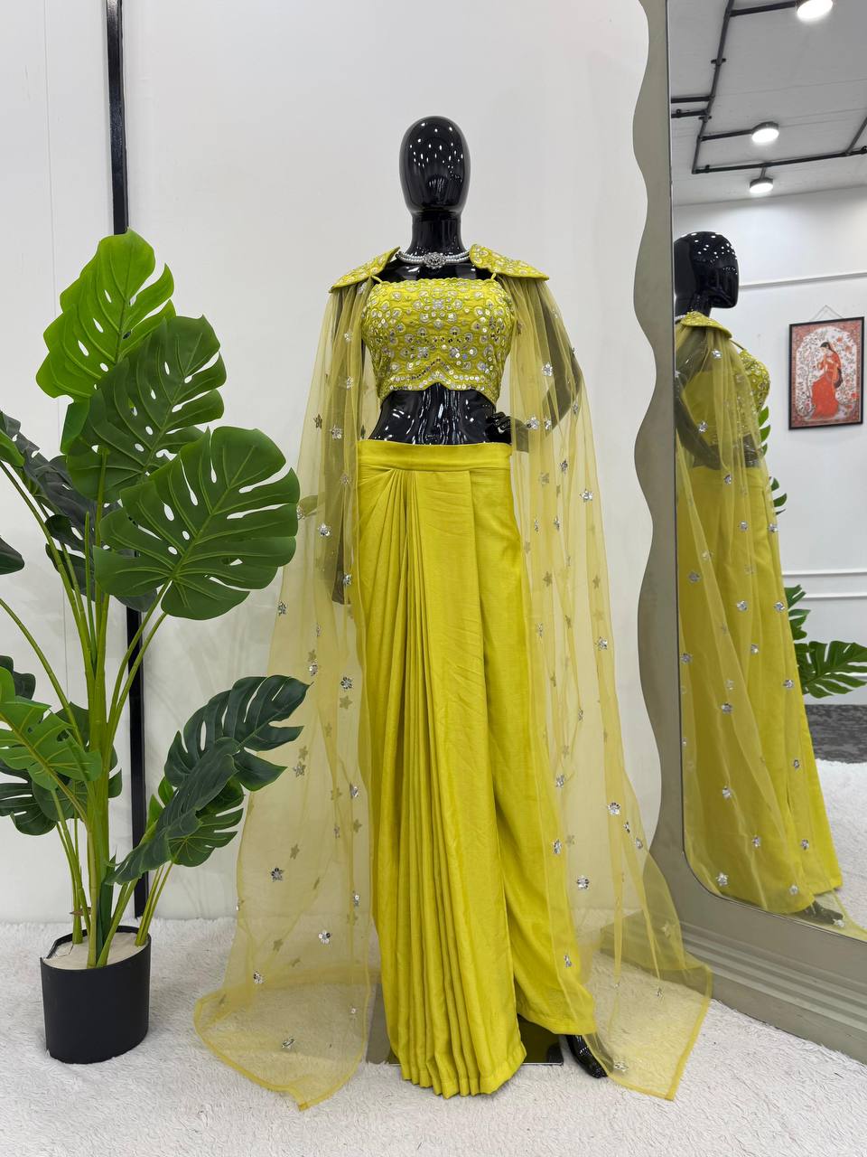 Citrus Green Draped Skirt With Embroidered Blouse And Cape