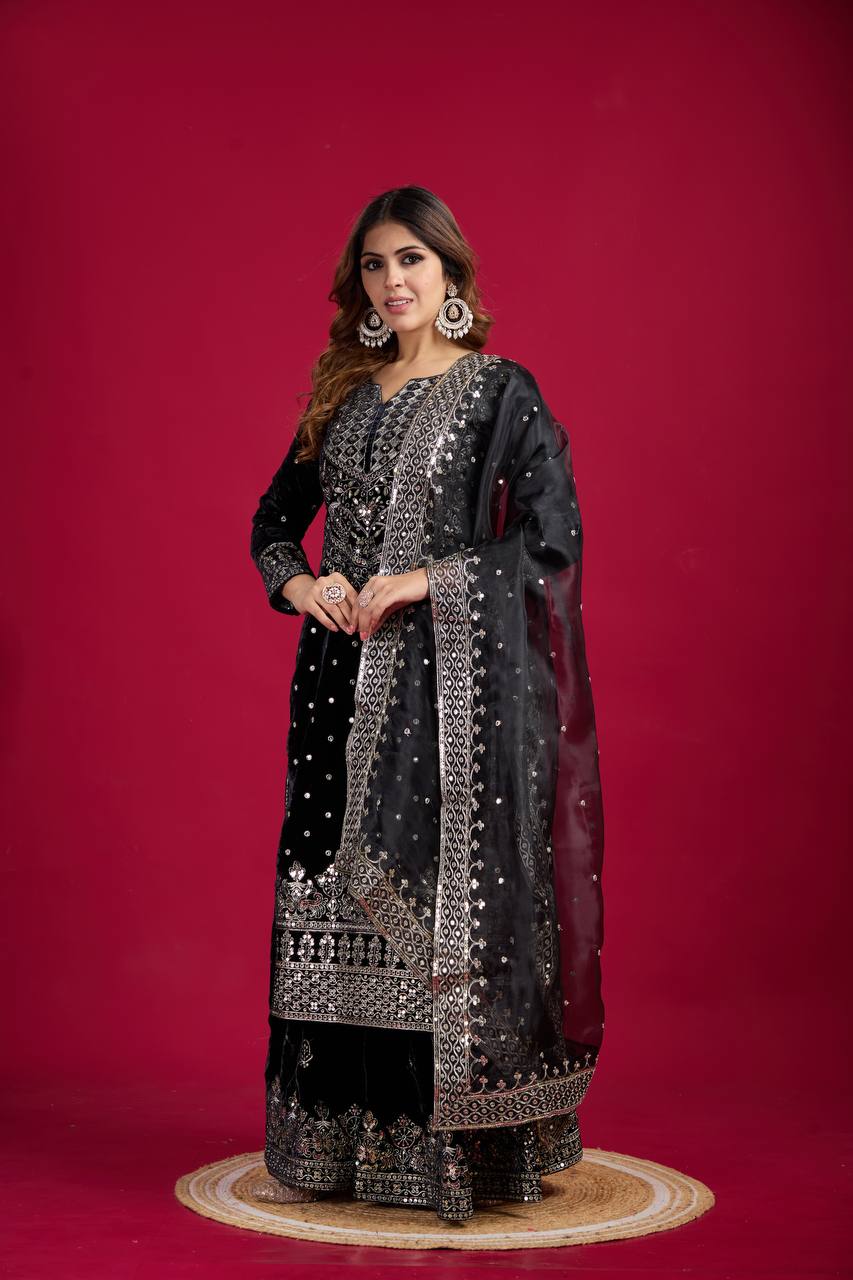 Black Velvet Kurta Sharara With Embroidery and Sequence Work With Dupatta