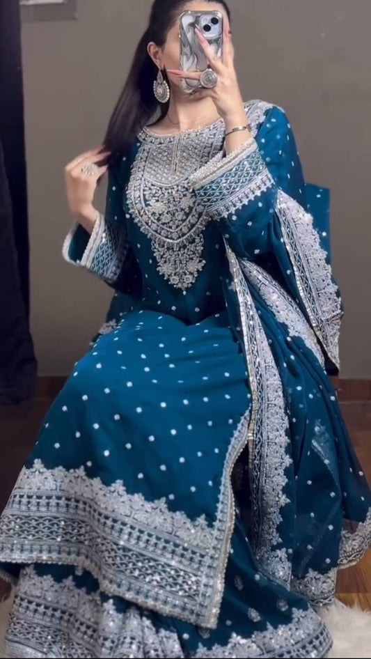 Firozi Blue Georgette Embroidery Sequence Work Top Sharara With Dupatta