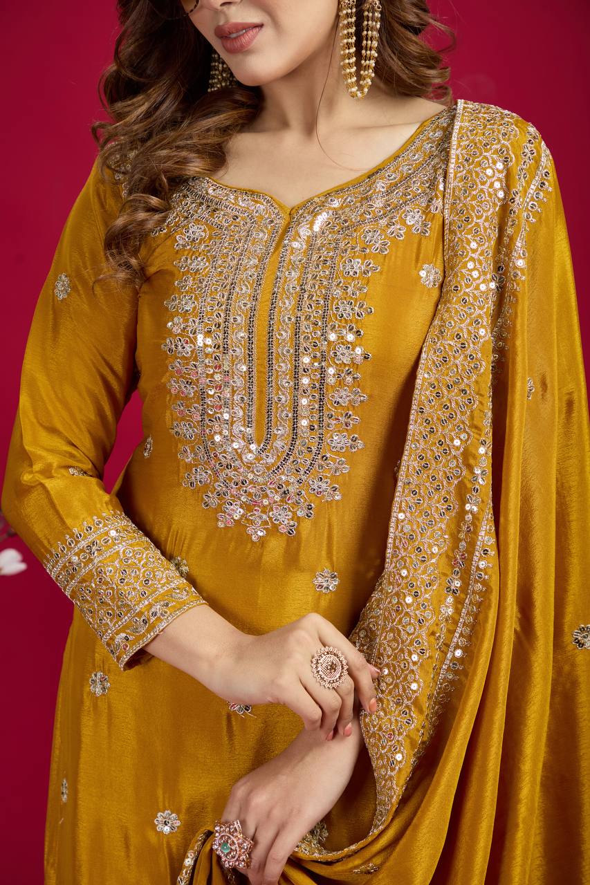 Yellow Chinnon Silk With Heavy Embroidery Sequence Work Top-Plazo And Dupatta Set