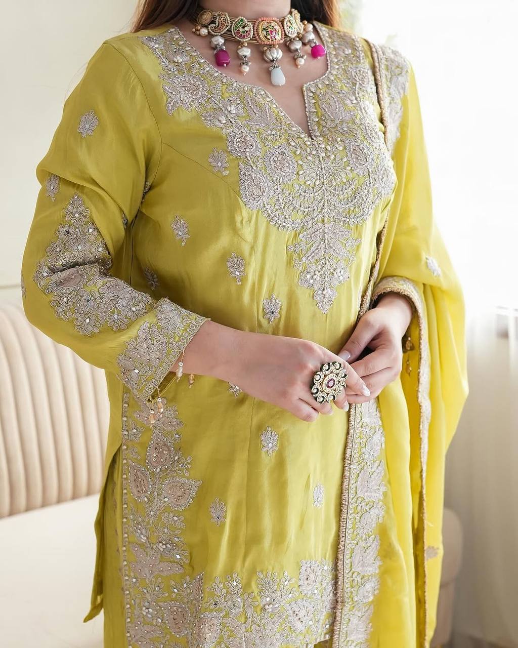 Heavy Chinon Silk With Heavy Embroidery Sequence Work Yellow  Kurta Sharara With Dupatta