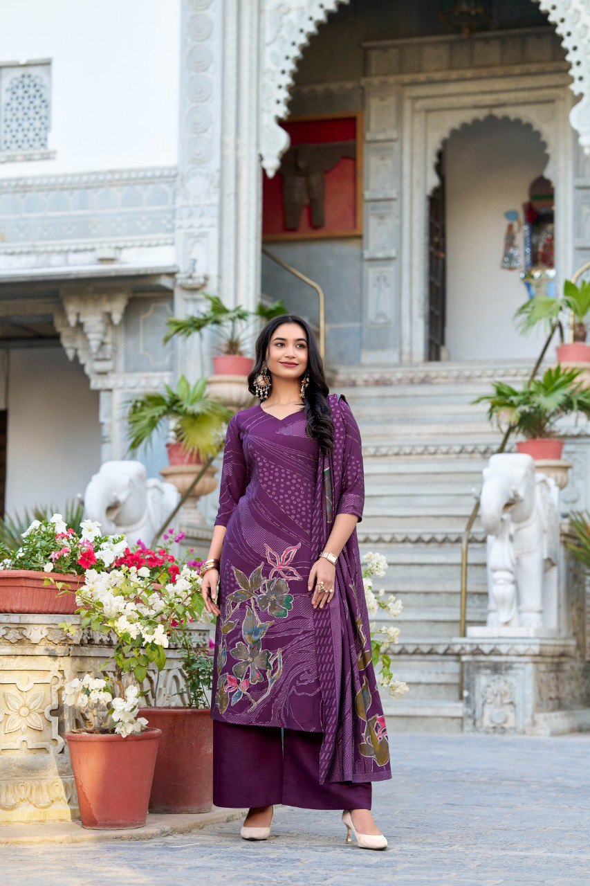 Incredible Purple Floral Printed Silk Traditional Palazzo Suit