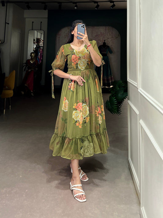 Mehendi Green Color Western Dress with Fancy Sleeve in Georgette With Floral Print