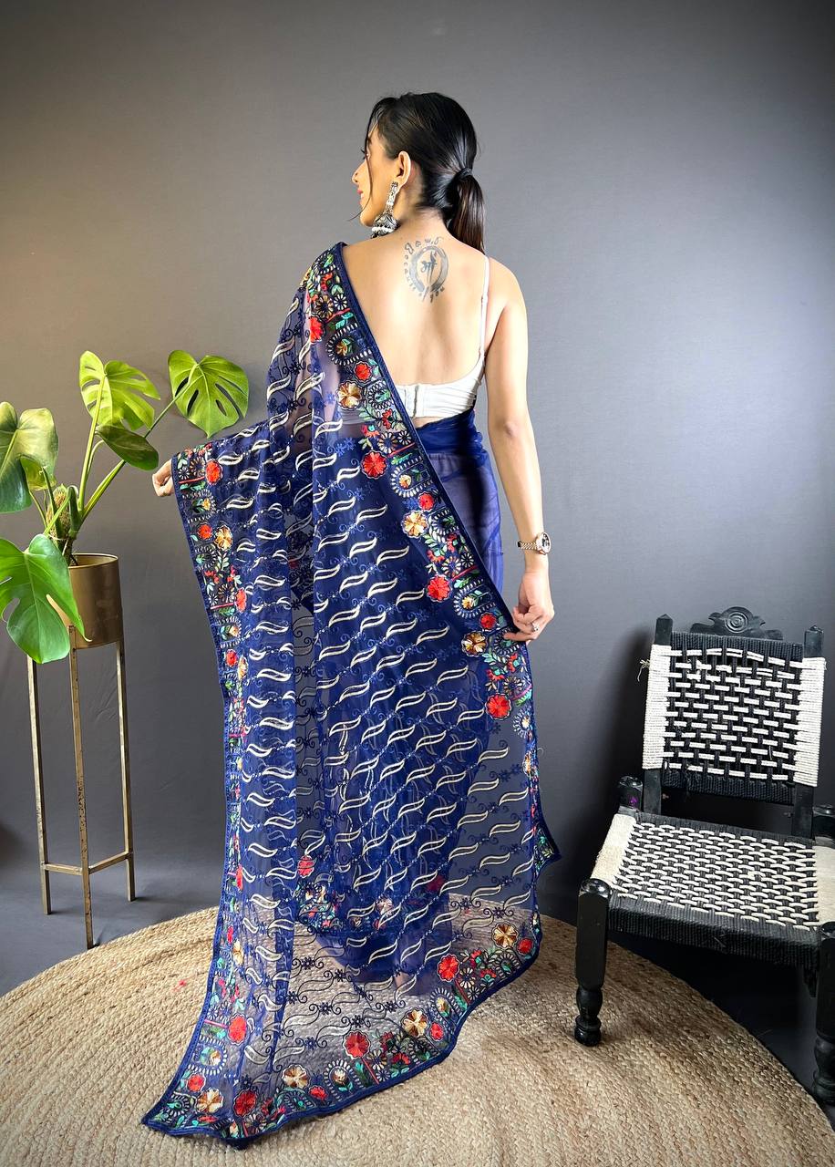 Bollywood Designer Navy Blue Saree with Chain Stitch Work