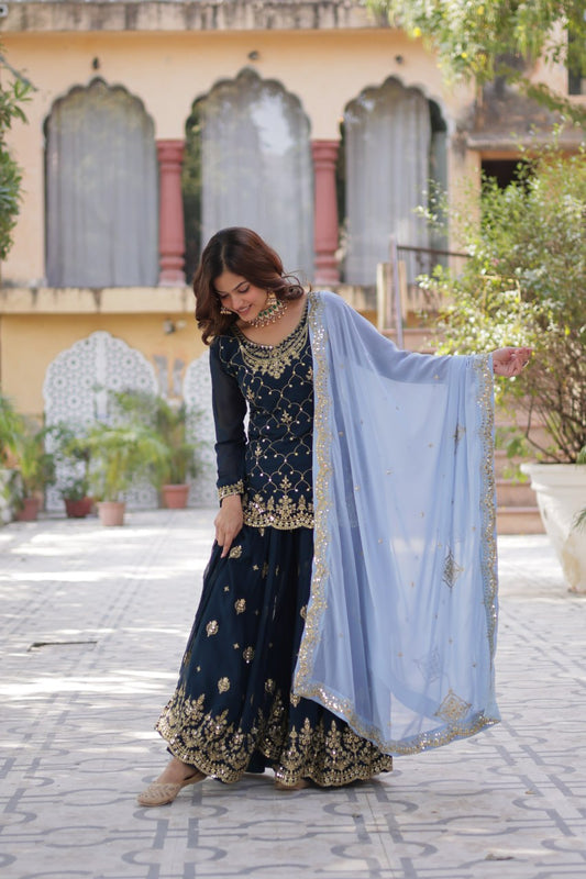 Faux Blooming Embroidered Work Firozi Blue Kurti And Plazzo Suit