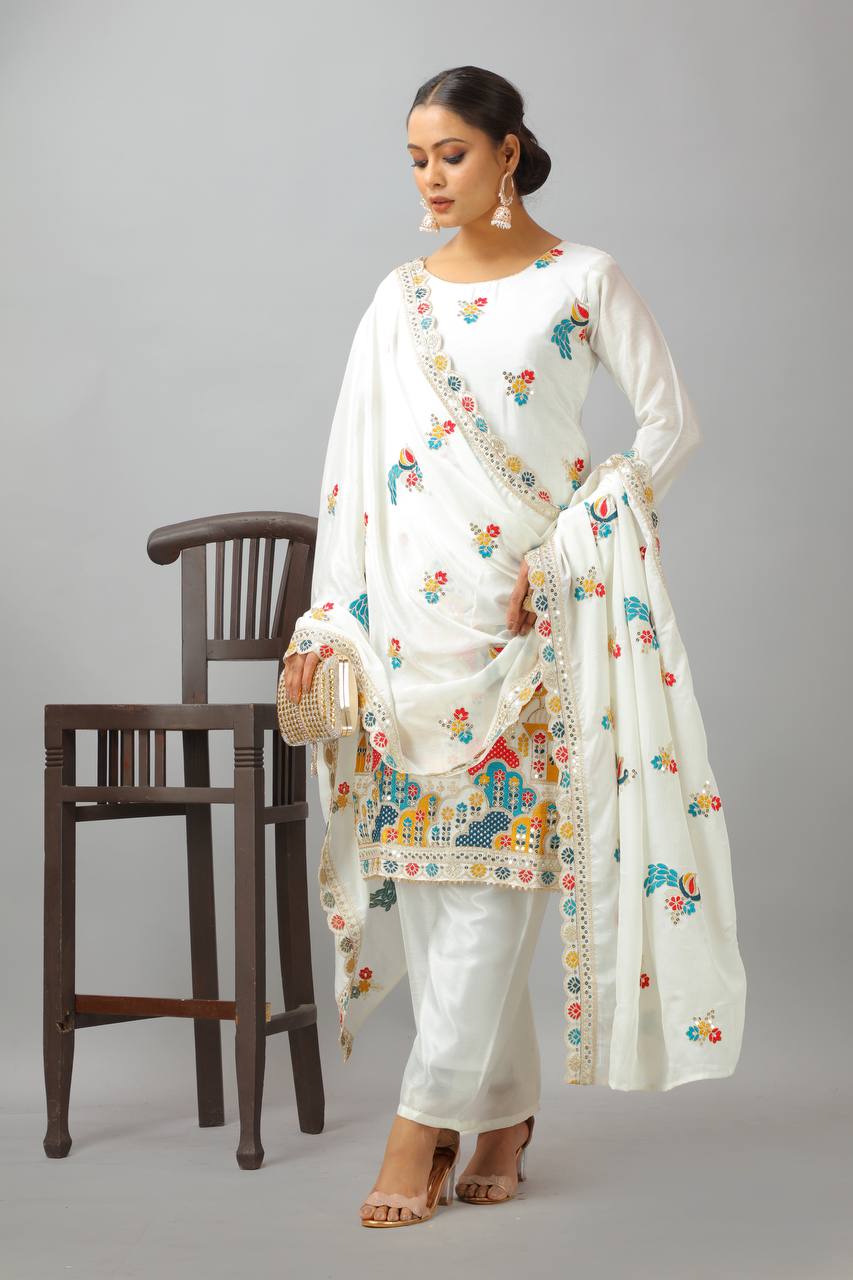White Premium Designer Peacock Designer Kurta Set With Dupatta