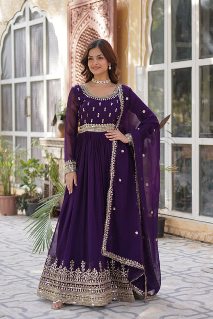 Purple Faux Blooming Gown with Zari Sequins Embroidery & Dupatta | Fully Stitched Elegant Ethnic Wear for Weddings & Festive Occasions