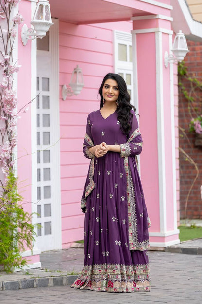 Light Purple Faux Georgette Embroidered Gown with Heavy Sequence Work and Dupatta | Fully Stitched Designer Ethnic Wear