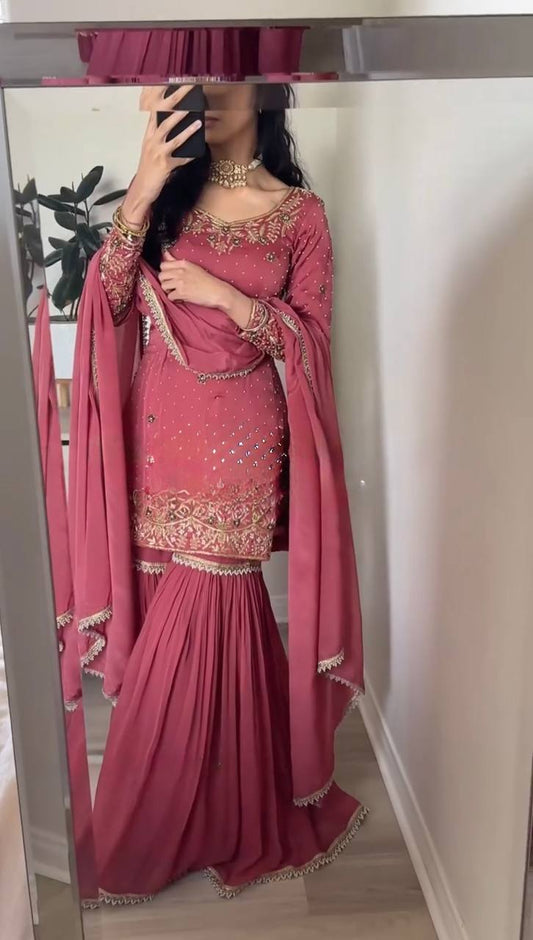 Gold Crush Embroidered Co-Ord Set with Plazzo and Dupatta – Ready-to-Wear Ethnic Outfit for Women