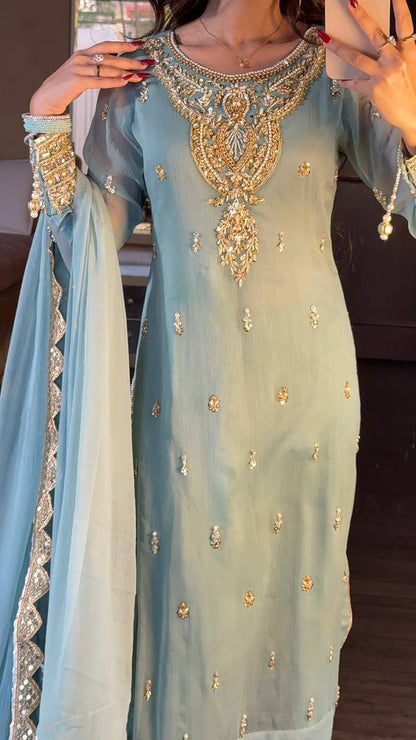 Heavy Faux Georgette Embroidered Suit Set with Plazzo and Dupatta – Fully Stitched Festive Wear for Women