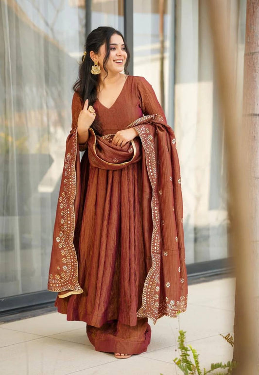 Heavy Fandy Silk Embroidered Gown Set with Dupatta – Fully Stitched Ethnic Partywear for Women