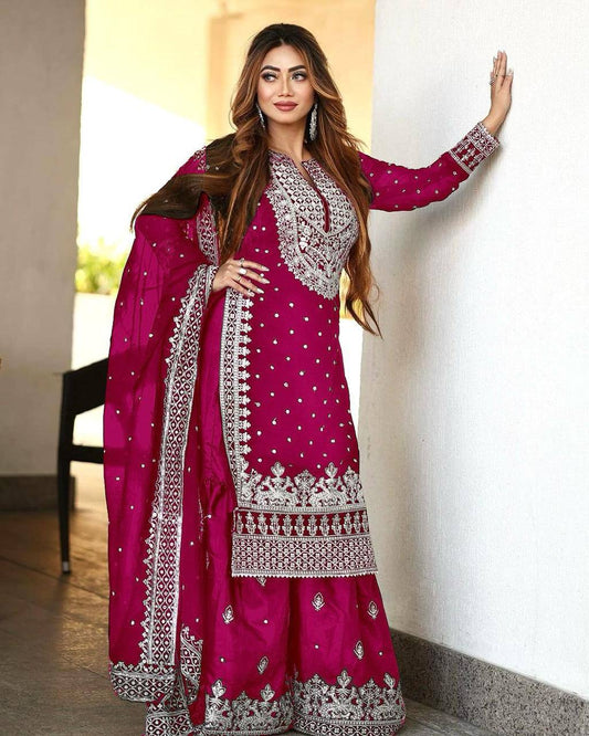 Heavy Faux Georgette Embroidered Pink Gharara Set with Dupatta – Fully Stitched Ethnic Partywear for Women