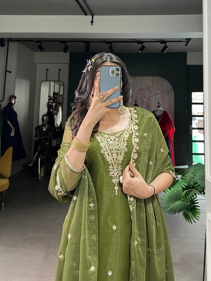 Elegant Gold Coin Fabric Embroidered Green Top and Bottom Set with Dupatta
