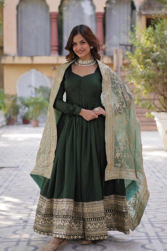 Elegant Shimmer Vichitra Silk Gown with Sequins Embroidery and Fendi Dupatta Set