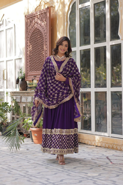 Faux Blooming Purple Gown with Zari Sequins Embroidery and Designer Dupatta