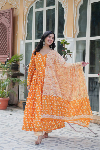 Pure Cotton Yellow Kurta Set with Fancy V Neck and Dupatta