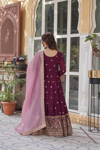 Elegant Star Georgette Purple Gown with Zari Sequins Embroidery and Gold Crush Dupatta