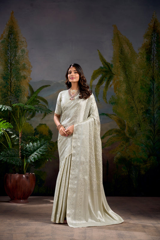 Elegant Kanjivaram Silk White Saree with Zari Weaving Work | Traditional Ethnic Wear for Weddings and Festivals