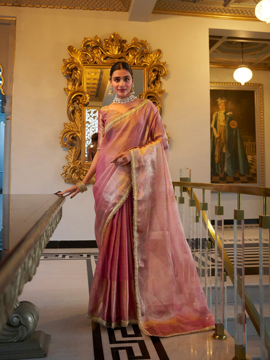 Tissue Shimmer Light Pink Saree with Zari Weaving and Sequins Lace Border