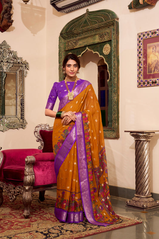 Kalamkari Print Poly Cotton Yellow Saree with Zari Weaving Work Border and Blouse