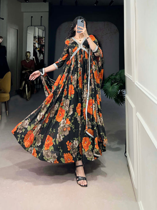 Floral Printed Georgette Orange Gown with Peper Mirror Lace Touch-Up and Dupatta