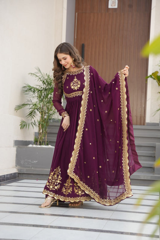 Purple Faux Blooming Georgette Embroidered Gown with Dupatta