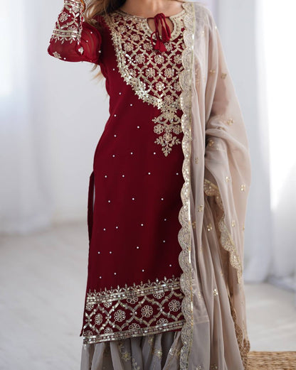 Heavy Maroon Faux Georgette Sharara Suit with 5mm Embroidery Sequence – Fully Stitched Set