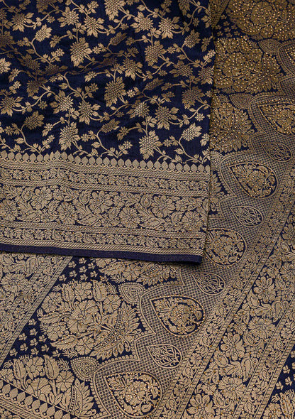 Banarasi Navy Blue Soft Silk Saree with Jacquard Border Blouse