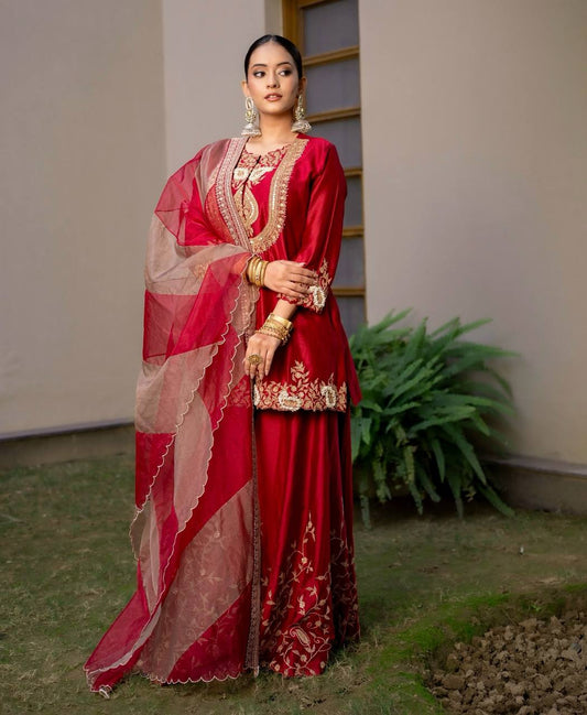 Heavy Red Chinon Silk Sharara Suit with Embroidery and Printed Organza Dupatta