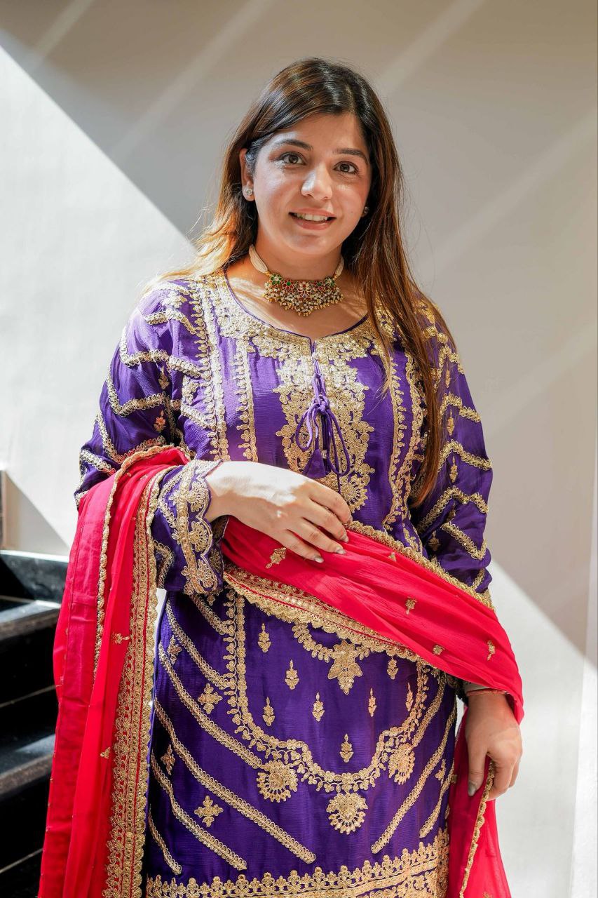 Heavy Purple Chinon Silk Sharara Suit with Embroidery and Printed Dupatta