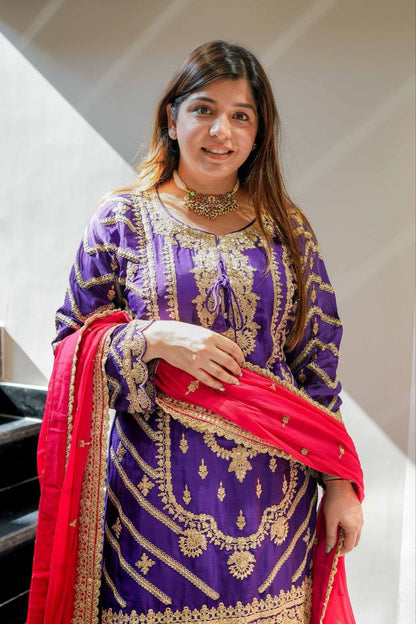 Heavy Purple Chinon Silk Sharara Suit with Embroidery and Printed Dupatta