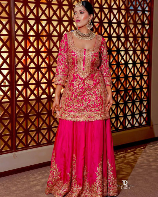 Elegant Heavy Rani Pink Chinon Silk Sharara Suit with Embroidery & Printed Dupatta