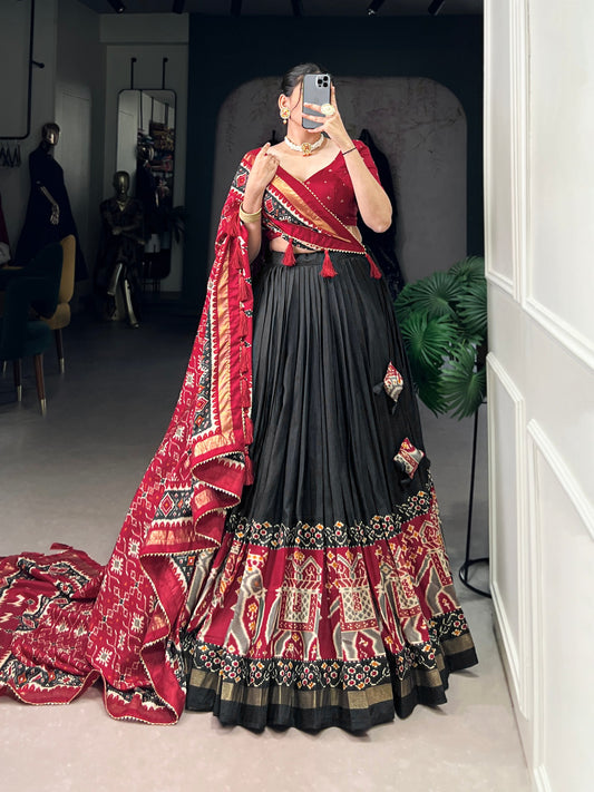 Patola Printed Black Tussar Silk Lehenga Set with Gotta Patti Dupatta